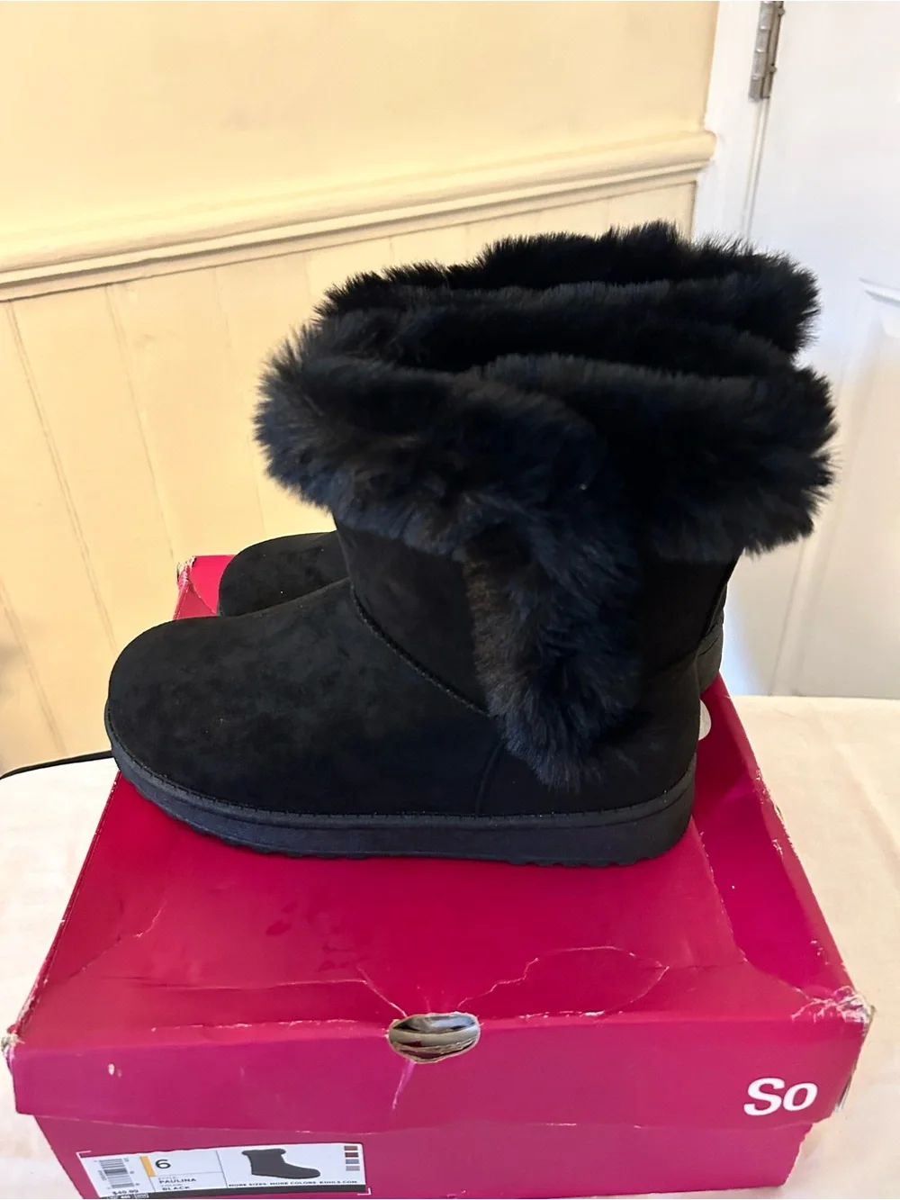 NIB SO Paulina Black Faux-Fur Winter Boots/Woman’s Size 6